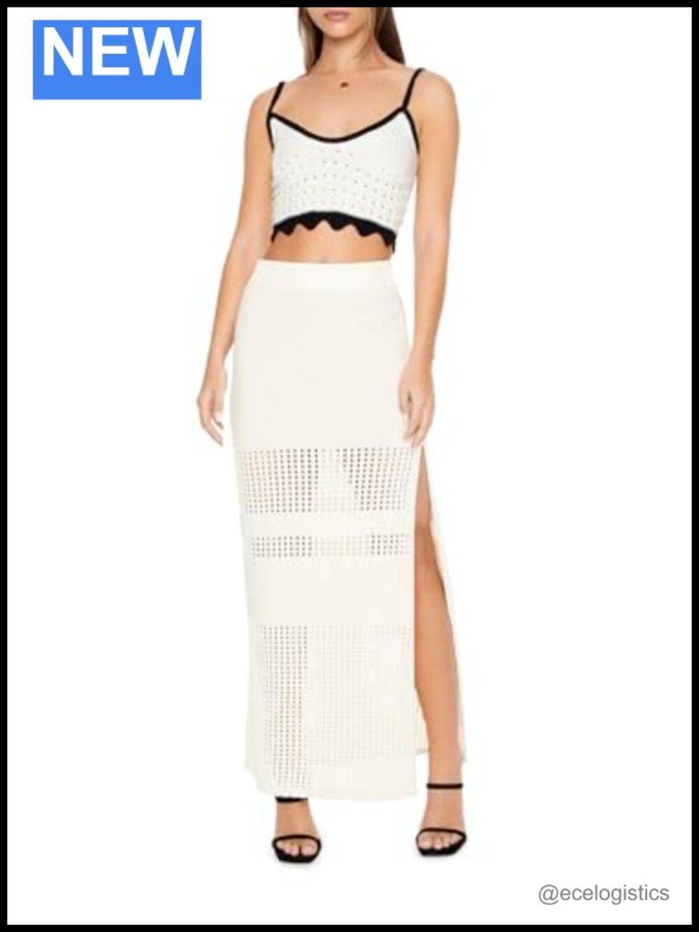 Open-Knit Maxi Skirt with Ribbed Waistband and Leg Slit